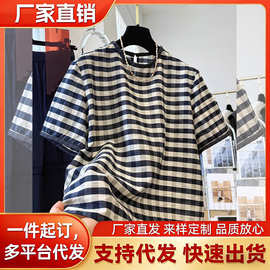 简约文艺格子半开领T恤女士夏季法式新款短袖宽松大码显瘦百搭潮