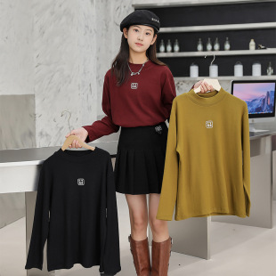 Girls' Base Shirt Spring and Autumn Thickened Mousse Double-sided Velvet plus size Children's Wear Middle and Big Children's Top Half-high Collar Long Sleeve T
