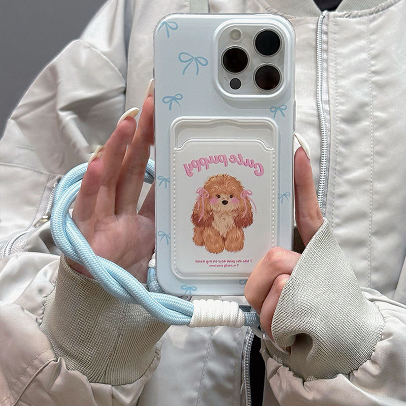 Apple 16 mobile phone case cartoon bow puppy iPhone13/14/15promax card case 12/11 lanyard x