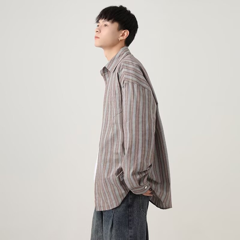 Farbblockierende vertikale Streifen für Herren im Frühling und Herbst, neuer Stil, lockere, lässige, personalisierte Hemdjacke_voghion.com