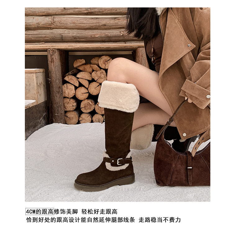 Boot tuyết nữ đế dày cổ cao quá gối lót lông cừu chống trơn trượt bo gấu lông — màu nâu chi tiết 10