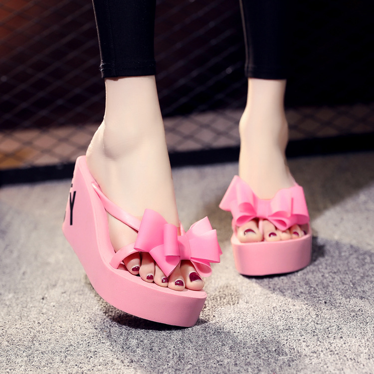 Dam wedge tofflor med rosett och halkfri sula_voghion.com