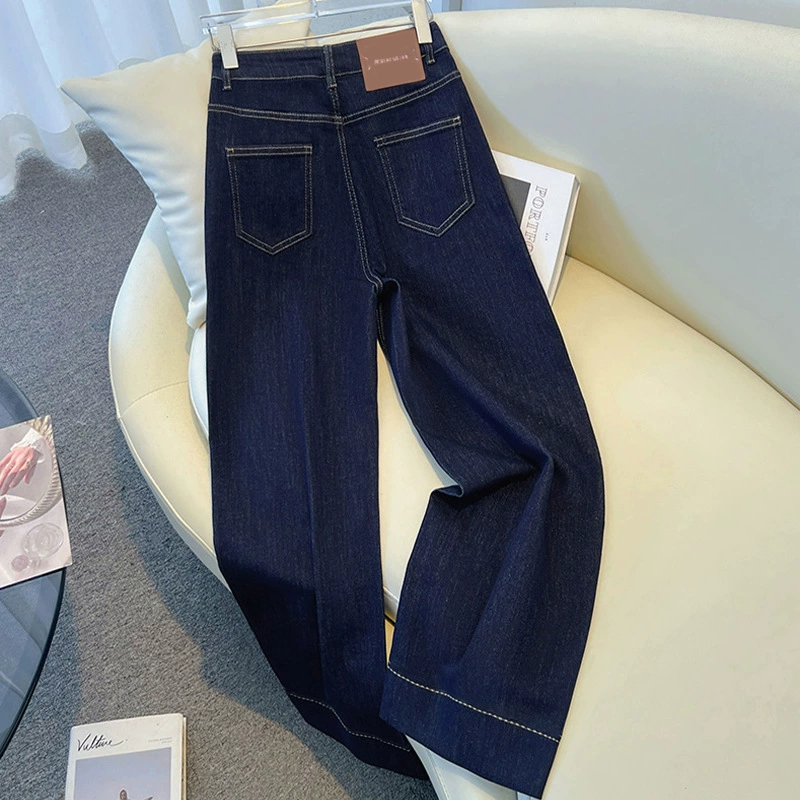 Dark blue jeans, autumn retro fleece trousers, high waist, for teenagers, loose straight fit