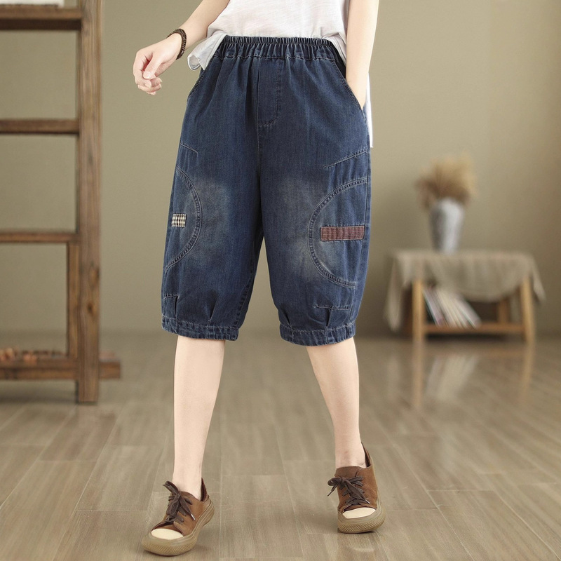 Vintage Mom Jeans Denim Shorts for Women 2026 Summer Thin Slim-Fit Five-Point Harem Pants Six-Point Casual Dad Pants