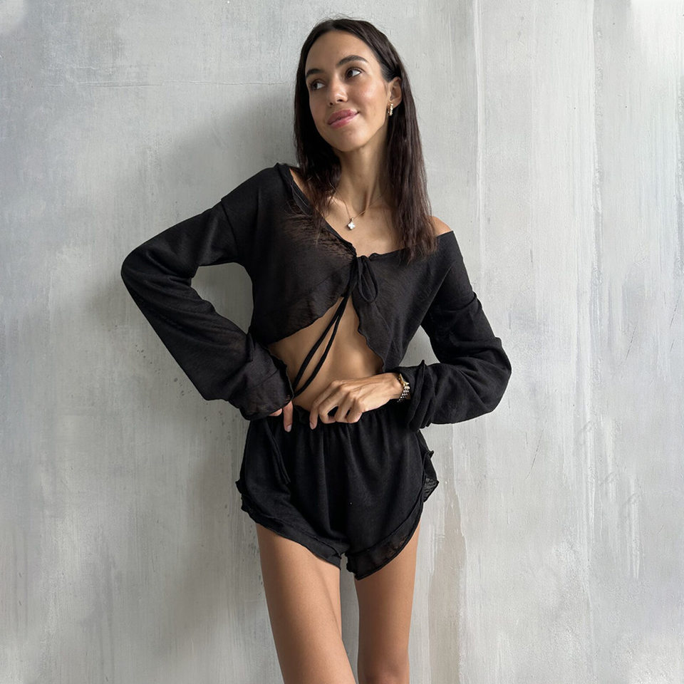 Bộ đồ ngủ nữ áo cardigan thắt dây kèm quần short dệt kim mặc nhà thoải mái — Màu trắng, Màu đen