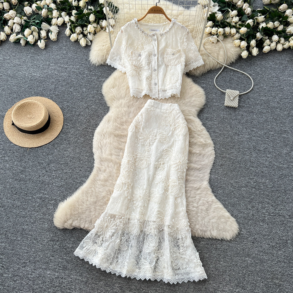 French Style Lace Patchwork Top And Skirt Set for Women Sexy Slimming Temperament Two-Piece Summer Outfit_ecoleips.com