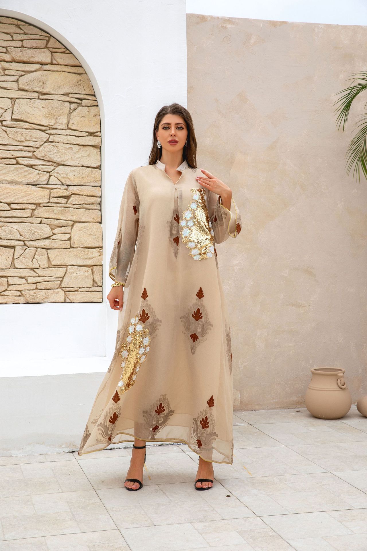 ZD044 Middle East Cross-border E-commerce Bestseller Women's Muslim Dress Sequin Embroidered Arab Robe_ecoleips.com