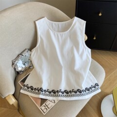 ヘビーウェイトコットンとリネンの刺繍デザインサスペンダーベスト2025夏の新しいファッション多用途カジュアルノースリーブトップ