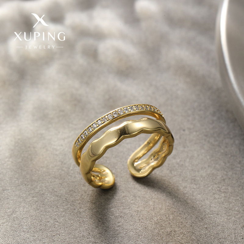 Anillo Xuping de nuevo estilo, de doble capa, con gemas artificiales, aleación chapada en color 14k, moderno y sencillo, ajustable y abierto, para mujer.