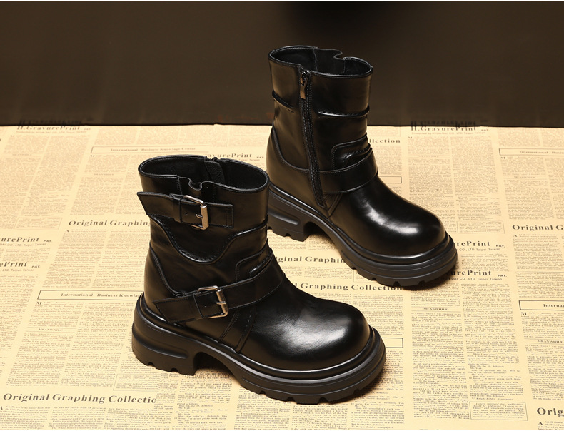 Giày boot Martin nữ đế dày tăng chiều cao khóa cài nhỏ kiểu Anh — màu đen chi tiết 4