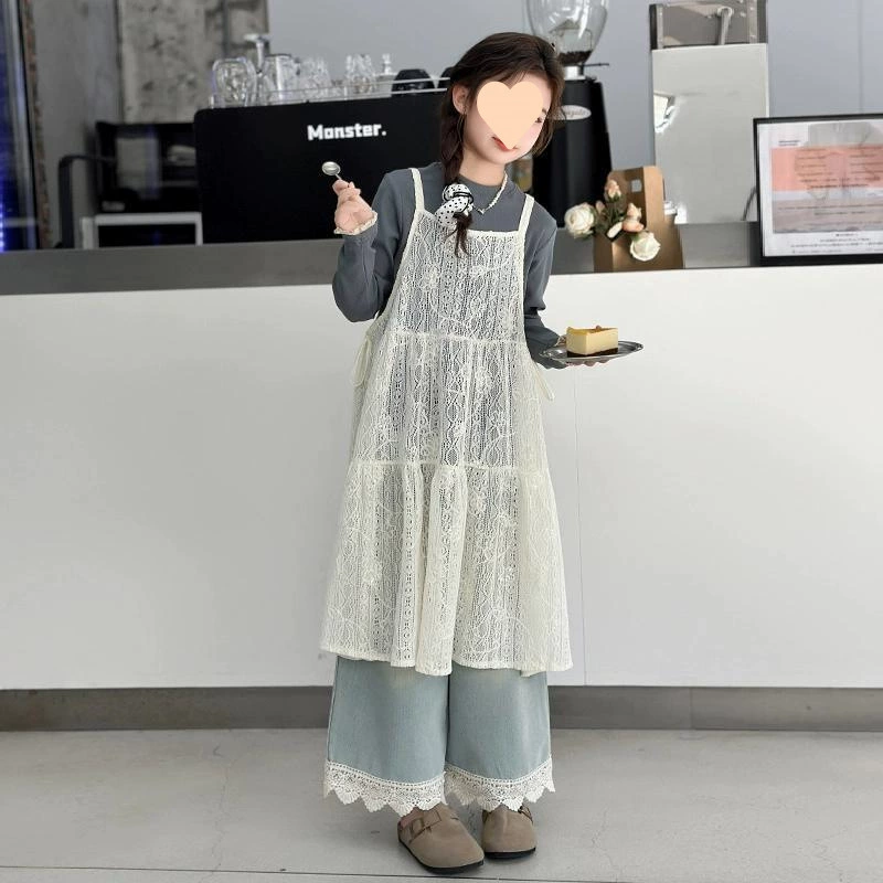 Детский костюм из корейского кружева для девочек, новый стиль 2025 года, средний и большой размер, 6-12 лет, весна-осень, джинсы