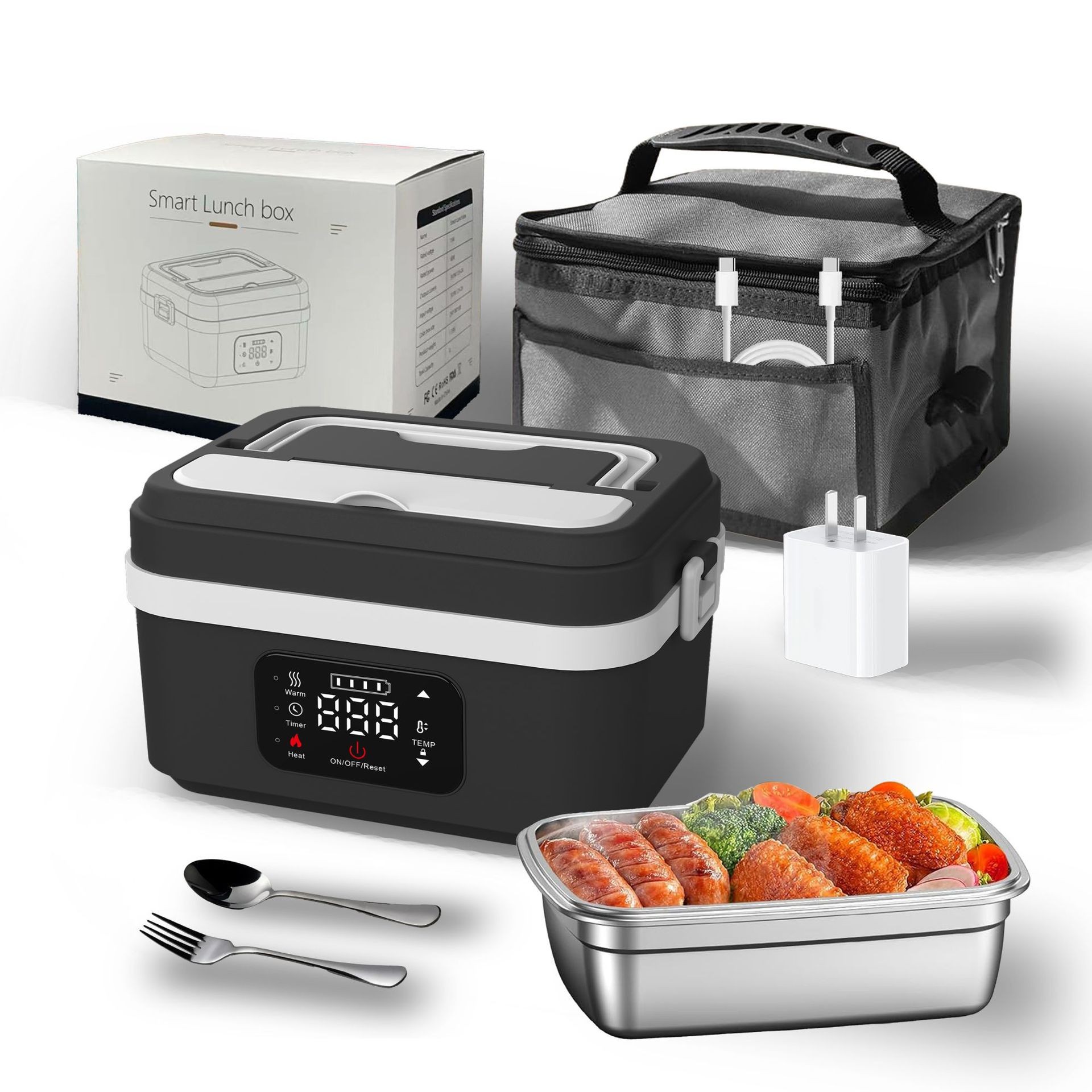 Caja de almuerzo de calentamiento 304 caja de almuerzo de acero inoxidable sin inyección de agua caja de almuerzo caliente enchufable USB portátil aislamiento térmico artefacto de comida caliente