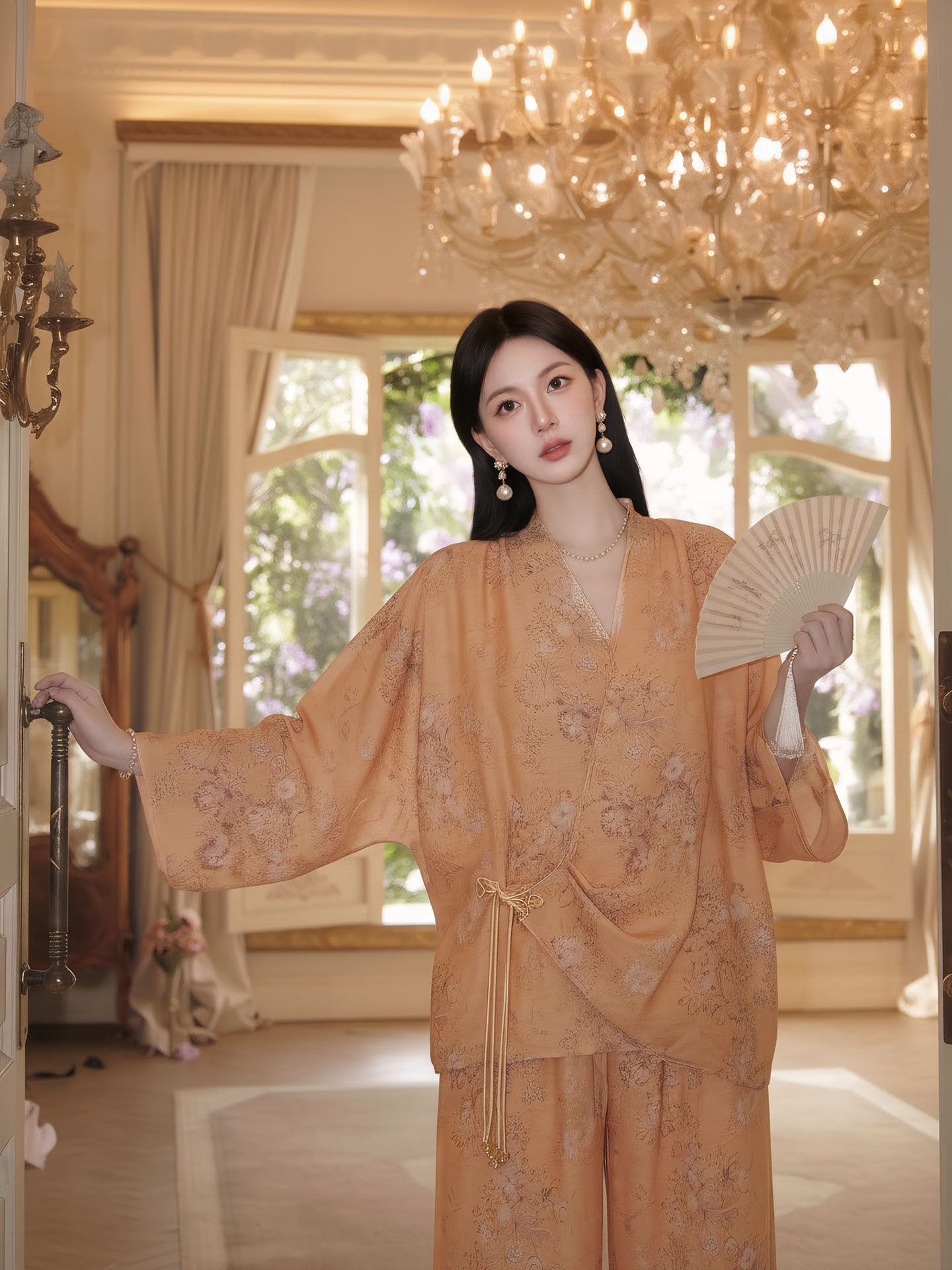 Bộ đồ bộ nữ phong cách Trung Hoa mới, áo rộng quần ống rộng họa tiết jacquard, form suông thoải mái — Trang chủ, bộ đồ, Quần dài
