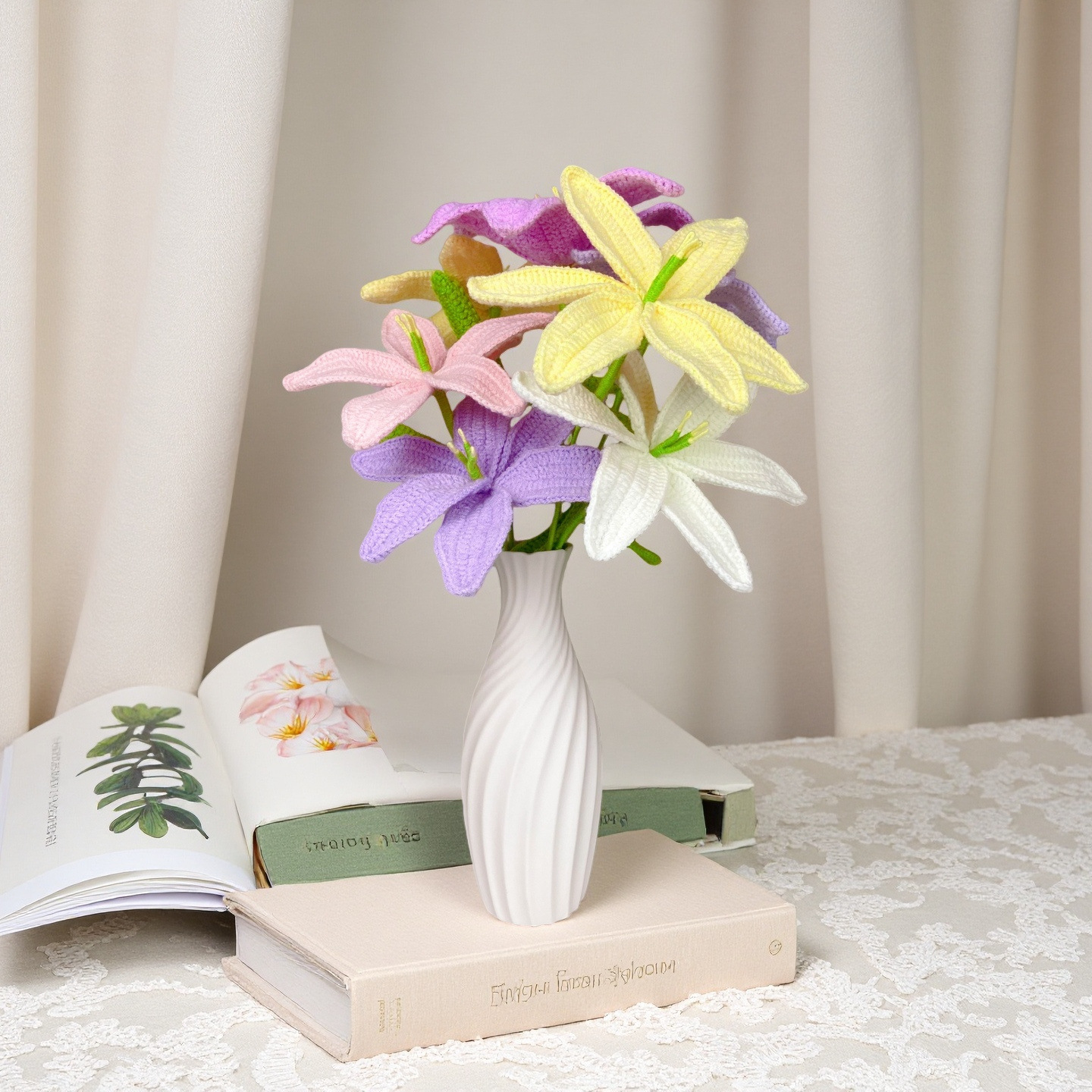 Purely Handmade Crocheted Lily Knitted Flower Wool Flower Artificial Flower Vase Ornaments with Bouquet Artificial Flower Ornaments