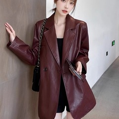 2025秋季新款安可拉红复古高级感皮衣外套女宽松休闲显瘦皮西装潮