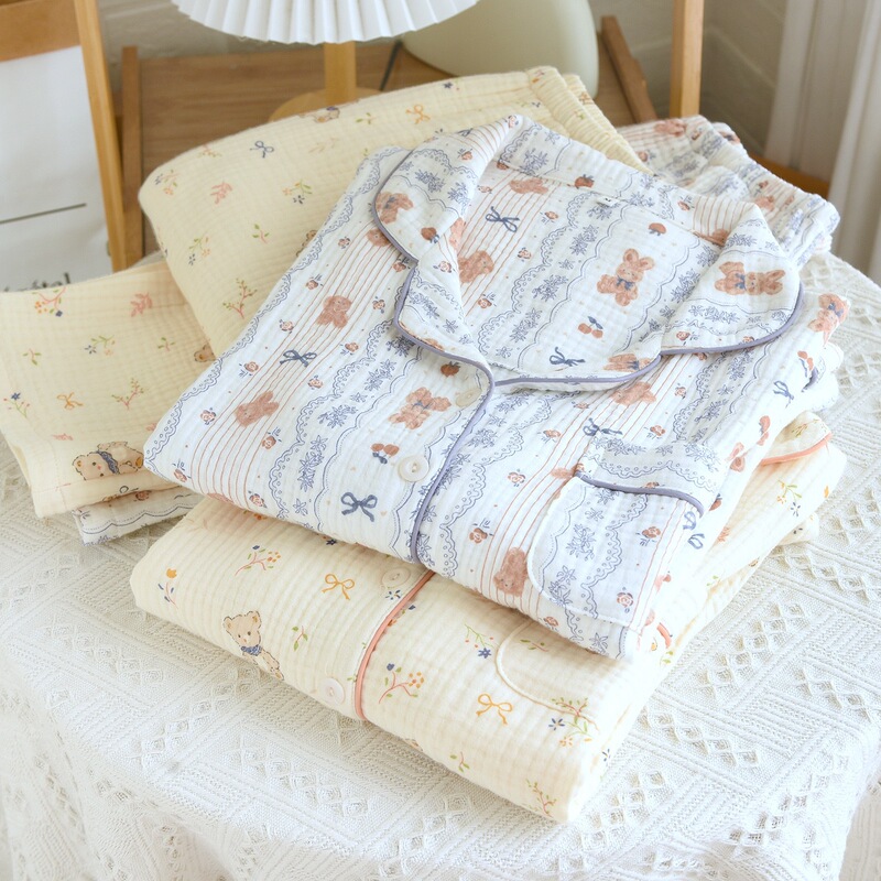 Four-Layer Gauze Pure Cotton Pajamas for Women Spring & Fall Long-Sleeved Cardigan Home Clothes Thickeneded Cotton Suit Cartoon Cute Loose
