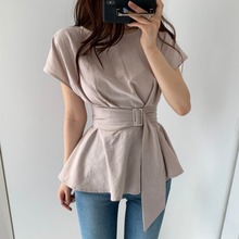 韩国chic夏季新款设计感小众简约圆领飞飞袖系带收腰显瘦衬衫女