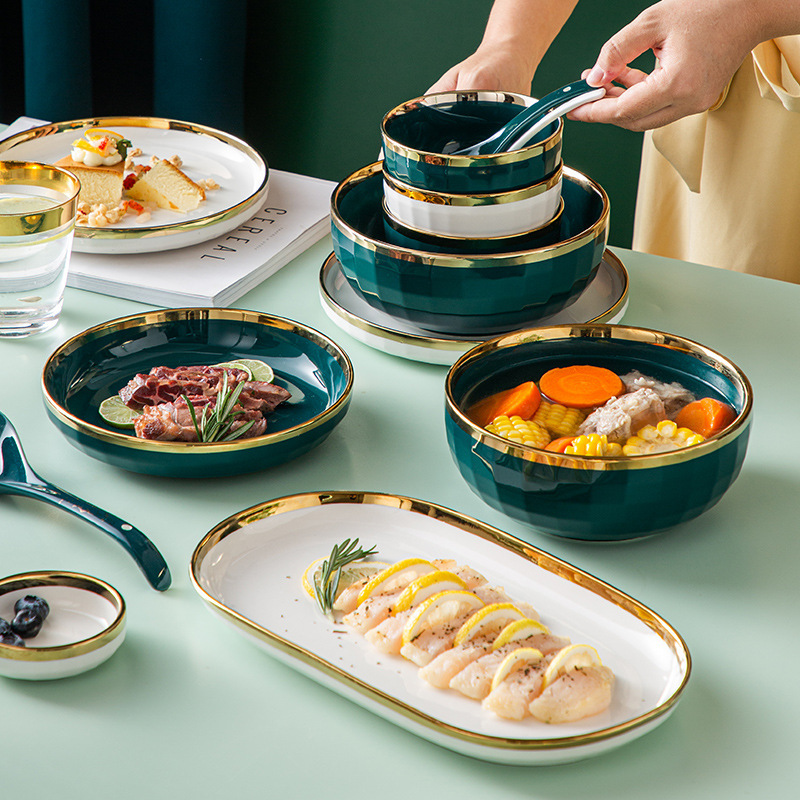 Light Luxury Scandinavian Creative Household Ceramic Rice Bowl Dish Plate Gold Edge Large Round Plate Small Soup Bowl Fish Plate Tableware Set Gift Box