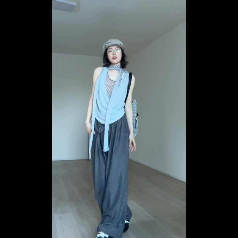 拼接假两件t恤女夏季格纹辣妹纯欲上衣长裤时尚套装|undefined