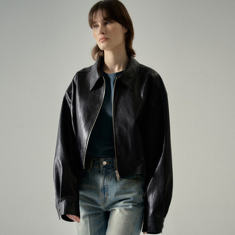 Faca*E Patte*N Short Leather Jacket Women's 2025 Spring & Fall Design Niche Black Loose Jacket Top Faca*E Patte*N Short Leather Jacket Women's 2025 Spring & Fall Design Niche Black Loose Jacket Top
