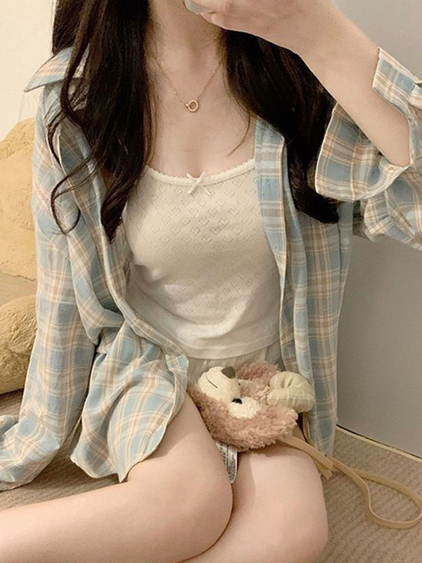 春秋款多巴胺格子衬衫宽松防晒薄外套休闲慵懒衬衣长袖上衣开衫|undefined