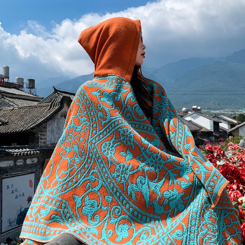エスニックスタイルの旅行服、写真撮影用ショール、模造カシミアスカーフ、秋冬の厚く暖かいスリットスカーフ、フード付きマント|undefined