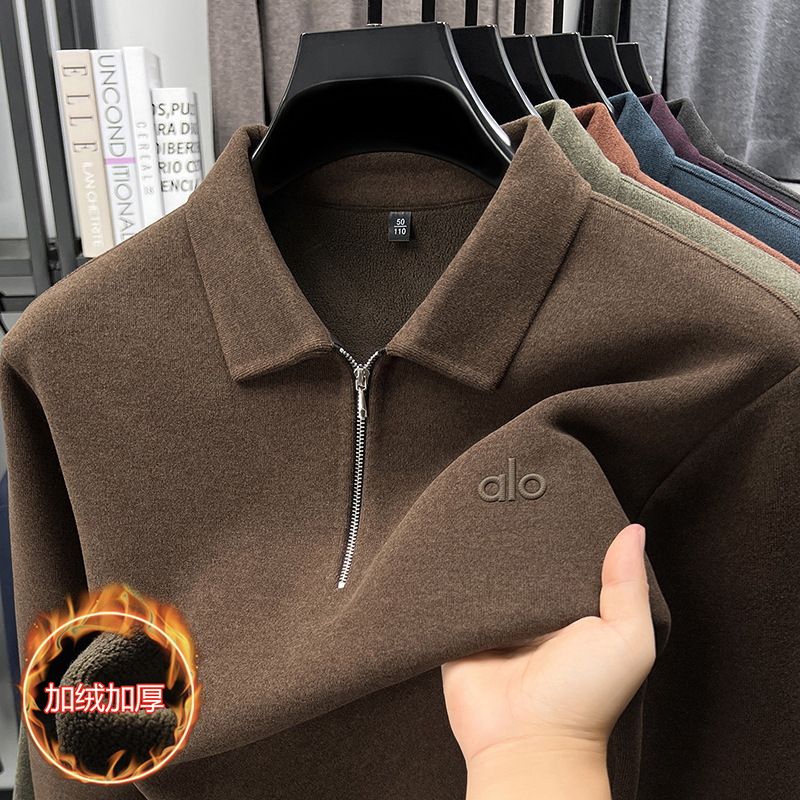 Polo Shirt Men's Long-Sleeved Lapel T-Shirt Loose Business Half-Zip Top Bottoming Shirt Fleece-Lined Thickeneded Warm Velvet