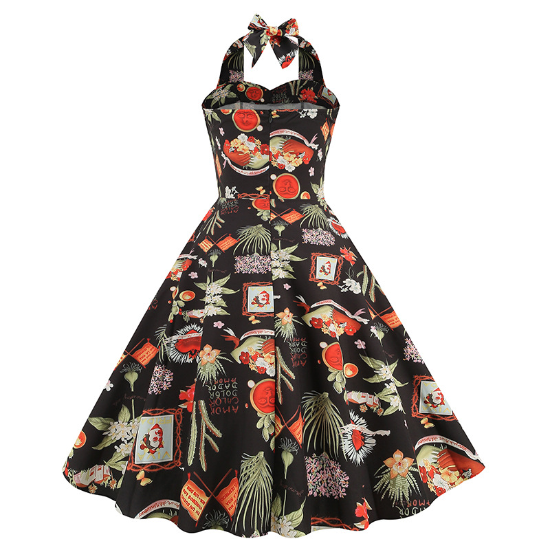 European And American Women's Hepburn Style Puff Skirt Dress Retro Print Halter Neck New 2026 Cross Border Exclusive_ecoleips.com