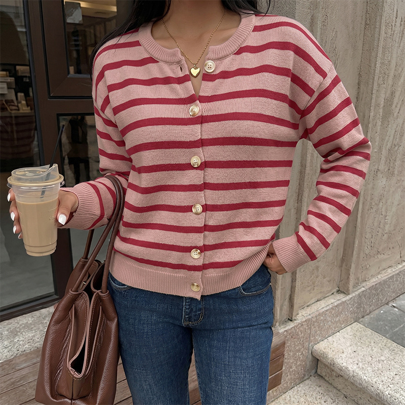 Cross-Border European and American Long-Sleeved Christmas Sweater for Women 2026 Autumn and Winter New Foreign Trade Red Striped Knitted Cardigan Jacket