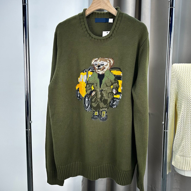 25 Autumn and Winter Cotton Roll Collar Heavy Embroider Military Green Cartoon Bear Long-Sleeved Pullover Knitted Sweater Top