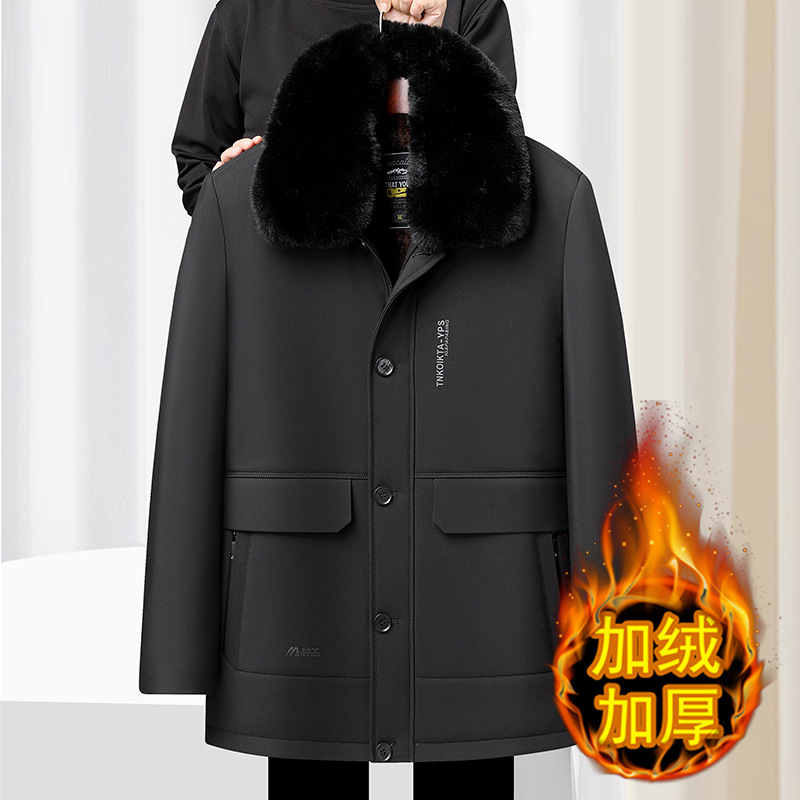 Winter men's cotton-padded coat with fleece lining, thickened, mid-length style, detachable fur collar, windproof.