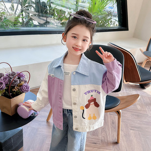 Girls' Denim coat spring and autumn 2024 new spring clothes children's clothing fashionable printed stitching top for children