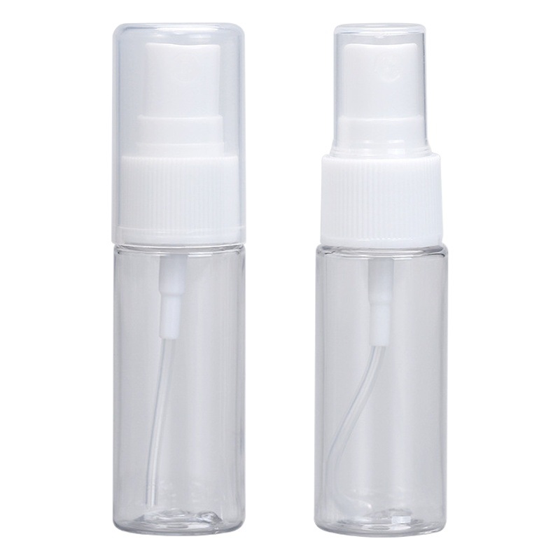 Xumin embalaje en stock 20ml transparente botella de spray para mascotas muestra blanca rayada sub-botella pequeña/botella de spray de tapa completa