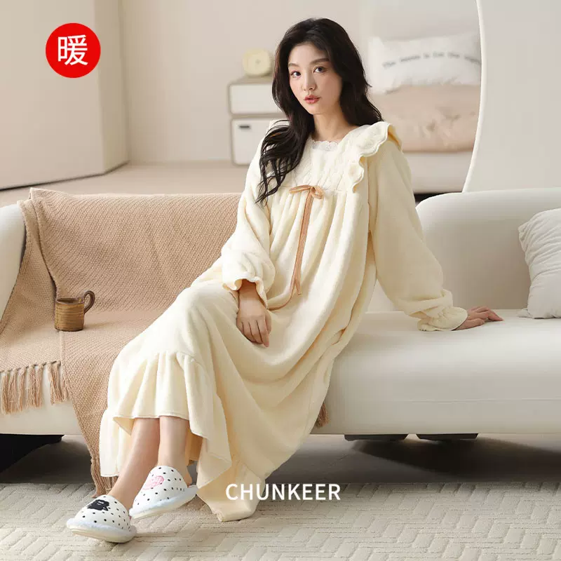 秋冬季睡衣女法兰绒睡袍女珊瑚绒长款可爱甜美韩版家居服懒人睡裙