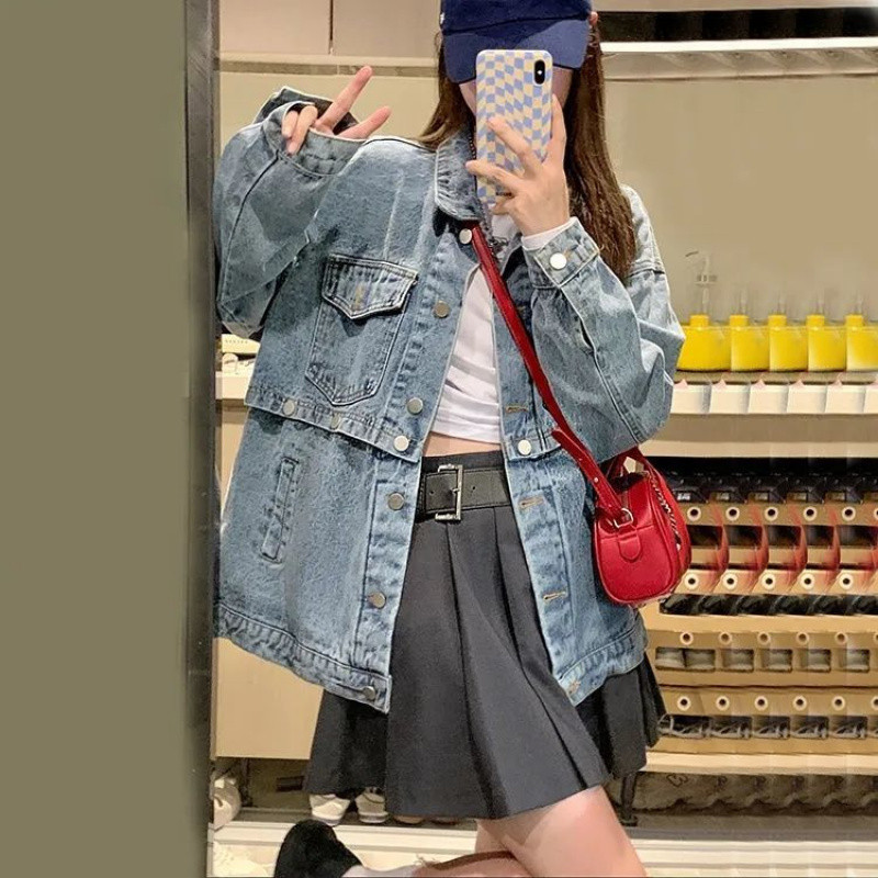 Design retro denim autumn demi-season removable jacket for students