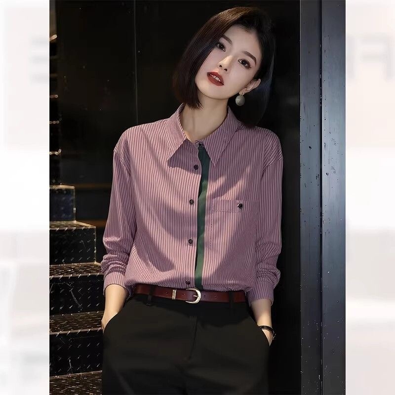 Elegant and Professional Striped Collar Shirt for Women, Spring 2026 New Style, Versatile and Stylish Blouse