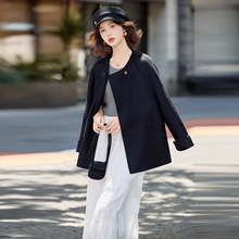 高级感圆领双面羊毛大衣女2025球新款小香风毛呢外套配包包ME721