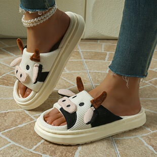O 12164 Cow Print Linen Slippers ��ţ�y������Ь���uͨ�¿
