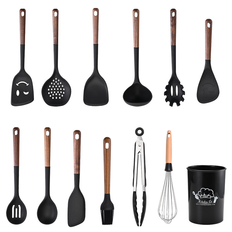 Kit de cocina mango de madera de silicona estilo europeo no pegajoso de silicona 12 piezas de cocina negra resistente a altas temperaturas
