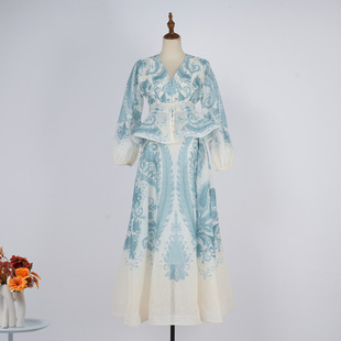 Real Shot of Australian Catwalk Style V Neck Beaded Ruffle Top + High Waist Super Large Hem Long Skirt Suit