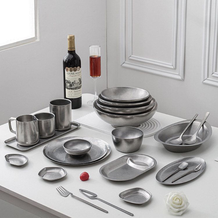 304 Stainless Steel Old Round Tableware Plate Soup Bowl Shallow Plate Bone Plate Oval Plate Double-Layer Bowl Japanese Ramen Bowl