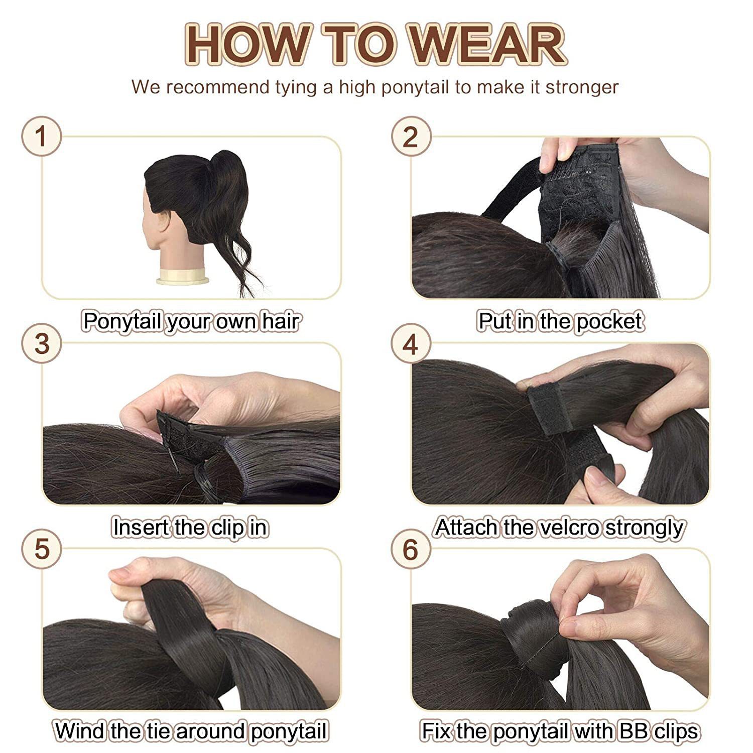 Kunsthaar, langes Haar, Chemiefaser, Hochtemperatur-Seide, gerader geflochtener Pferdeschwanz_voghion.com