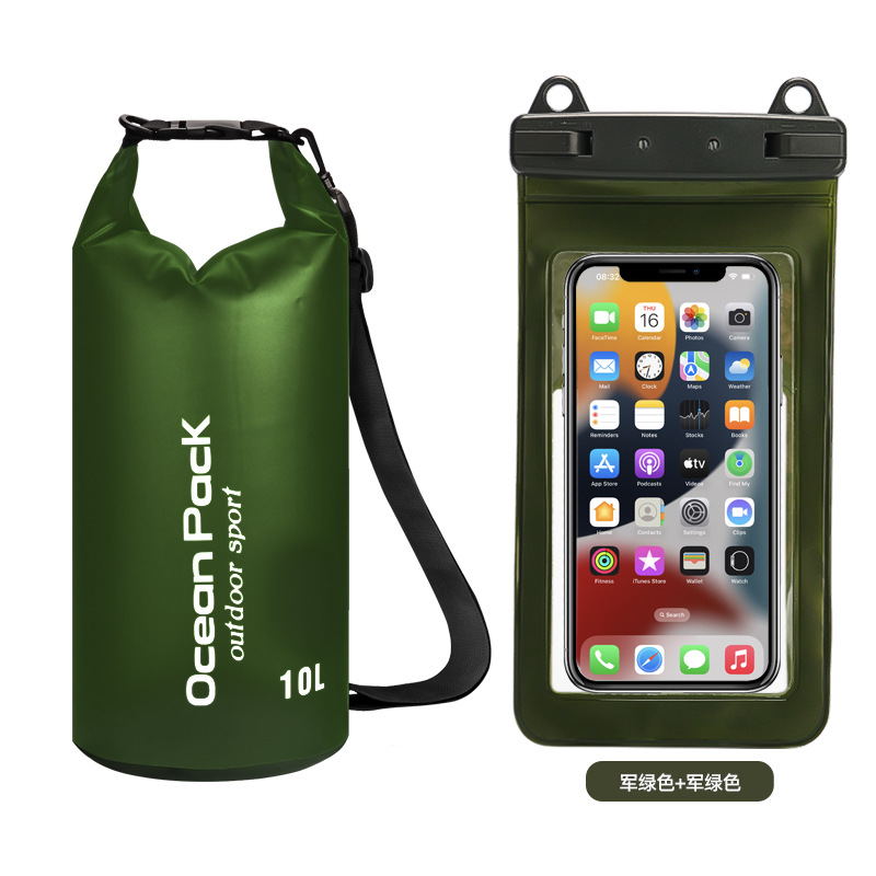 PVC防水桶+双挂钩磨砂半透PVC手机袋=军绿色+军绿色组合