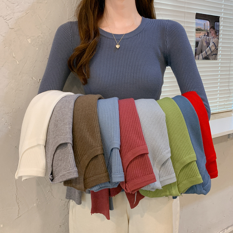 2024 Spring and Autumn New All-match Slim-fit Crewneck Long-sleeved Bottoming Sweater Styinky Sexy Low Neck Inner Sweater for Women