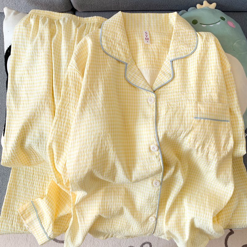 (가슴패드 없음) [윤두면] 노란색 체크무늬 파란색 테두리 긴소매+바지