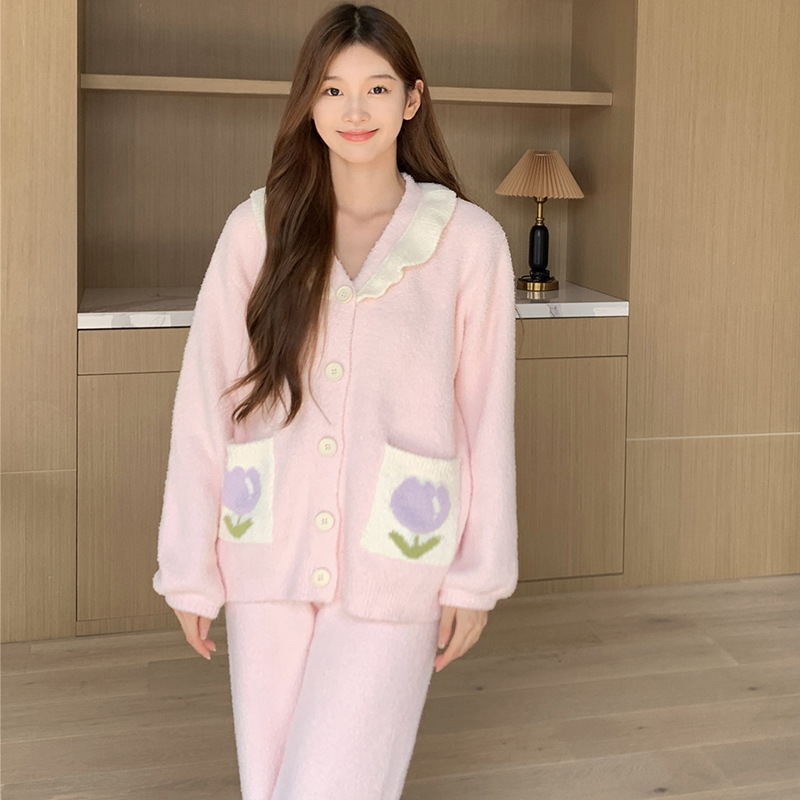 23 Otoño e Invierno medio terciopelo engrosado pijamas Tulip cardigan conjunto de dos piezas prendas de vestir exteriores homewear para las mujeres