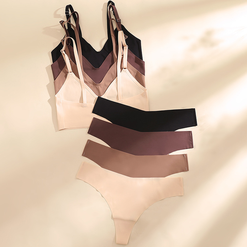 Lingerie Bra Set for Women with Thong Panties, V-Neck, Push-Up for Large Busts, Minimizing Effect, Wireless Sports Bra, Push-Up for Minimizing Effect