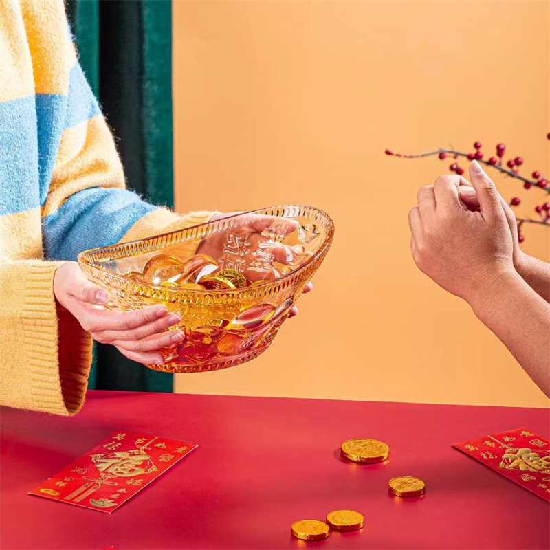 Tipo de lingote de vidrio festivo plato de fruta caja de regalo hogar sala de estar mesa de café regalo de apertura de fruta al por mayor plato de aperitivos dulces