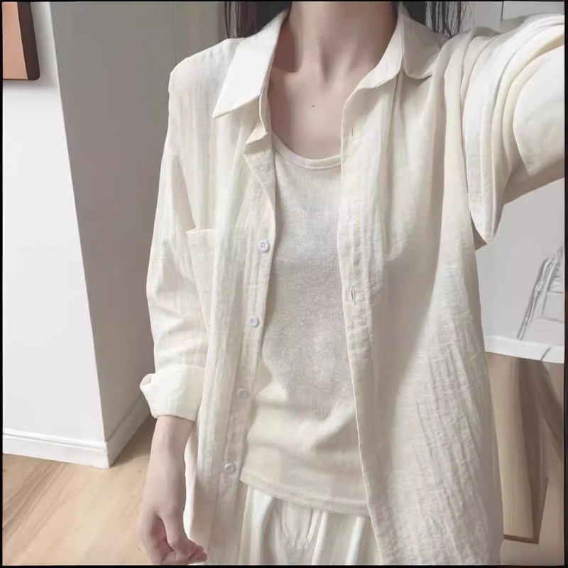 Looking Forward to Summer ~ French Cotton and Linen Sunscreen Shirt for Women, Cotton and Linen Thin Shirt, High-End Anti-Wrinkle Long-Sleeved Top for Women
