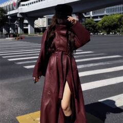 立领风衣皮衣外套2025秋冬新款气质气场复古长款收腰显瘦皮衣